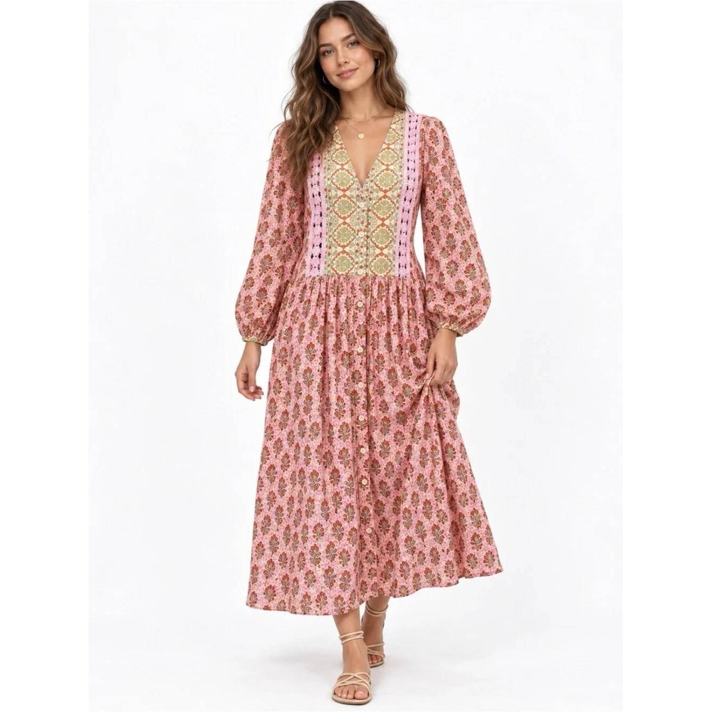 Zara Maxi Dress Women L Pink Green Crochet Floral Block Print Boho V-Neck